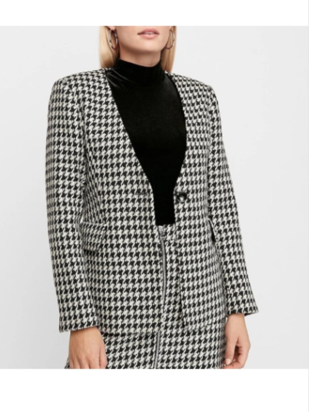 Express Houndstooth Collarless One-Button Black and White Blazer Jacket size 4